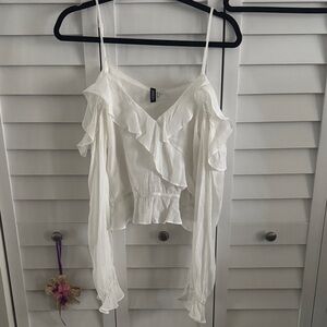 Lightweight White Ruffle Cold-Shoulder Women's Top